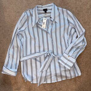 NWT Worthington Light Blue w/Black Stripes Tie Waist Cotton Dress Shirt XL
